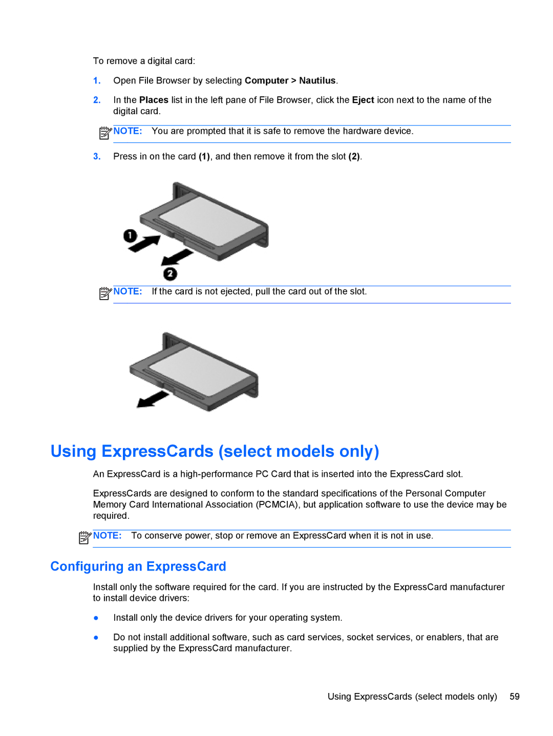 HP C1E67UT manual Using ExpressCards select models only, Configuring an ExpressCard 