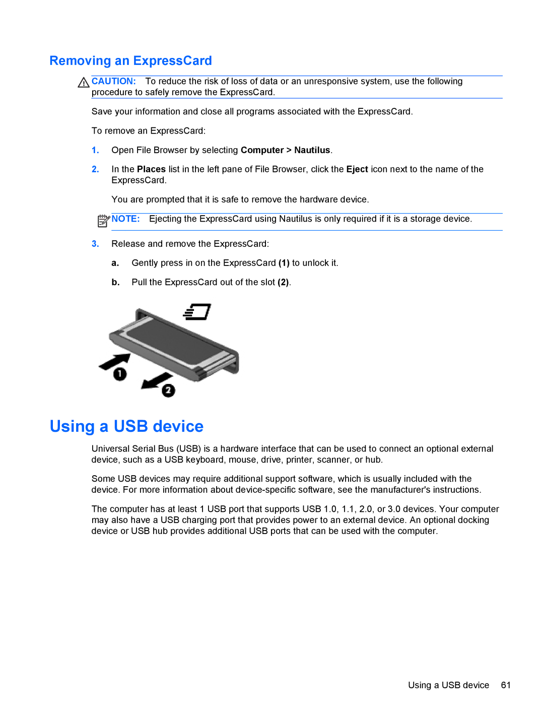 HP C1E67UT manual Using a USB device, Removing an ExpressCard 