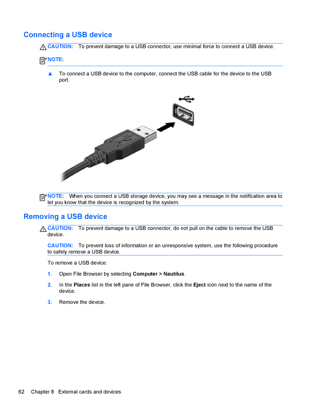 HP C1E67UT manual Connecting a USB device, Removing a USB device 