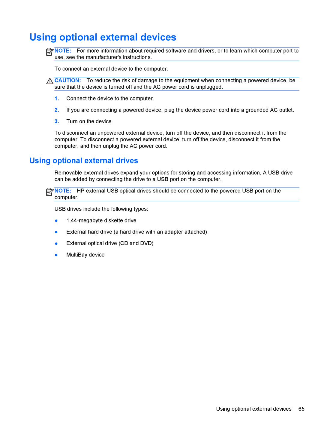 HP C1E67UT manual Using optional external devices, Using optional external drives 