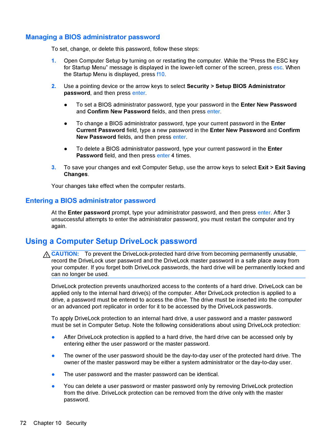 HP C1E67UT manual Using a Computer Setup DriveLock password, Managing a Bios administrator password 