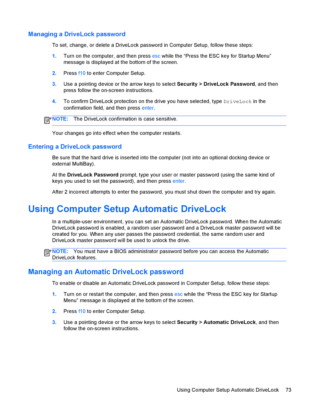 HP C1E67UT manual Using Computer Setup Automatic DriveLock, Managing an Automatic DriveLock password 