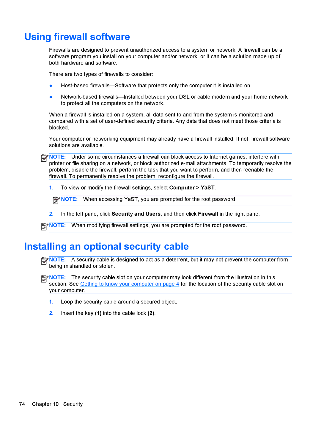 HP C1E67UT manual Using firewall software, Installing an optional security cable 