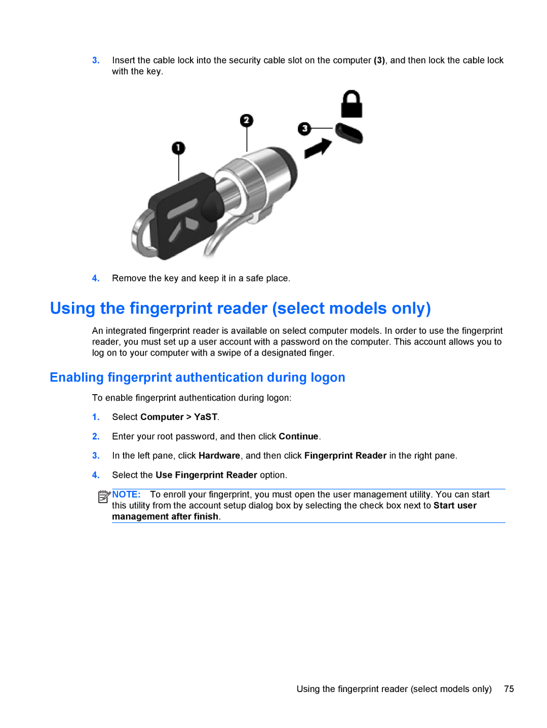 HP C1E67UT manual Using the fingerprint reader select models only, Enabling fingerprint authentication during logon 