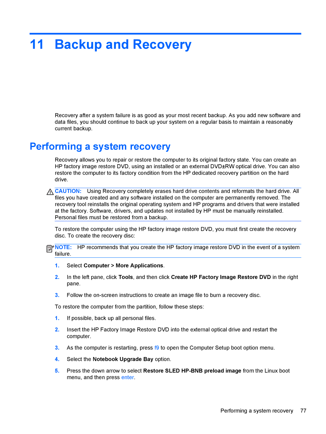 HP C1E67UT manual Backup and Recovery, Performing a system recovery 