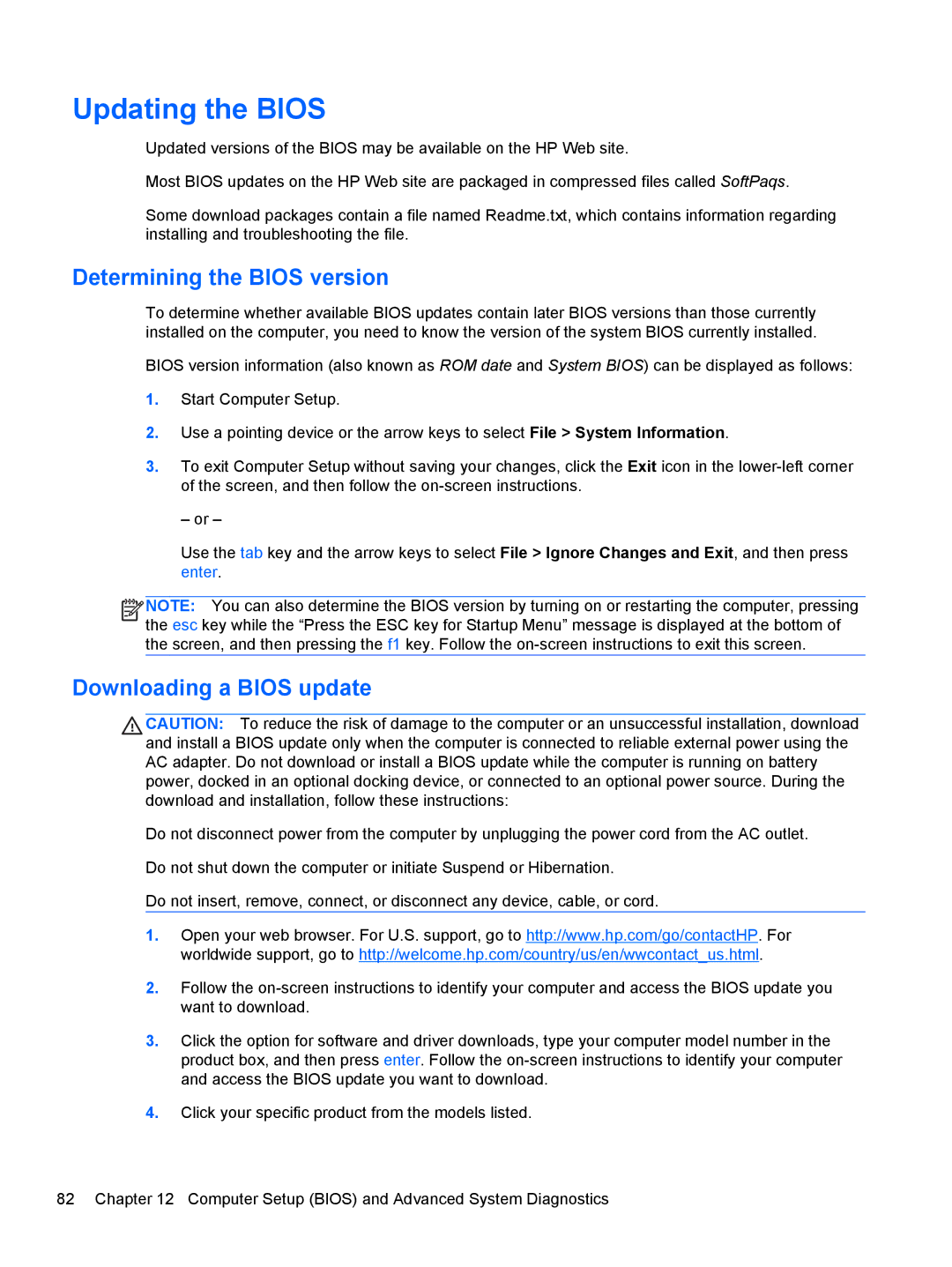 HP C1E67UT manual Updating the Bios, Determining the Bios version, Downloading a Bios update 