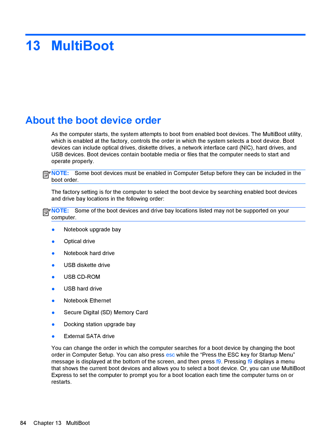 HP C1E67UT manual MultiBoot, About the boot device order 