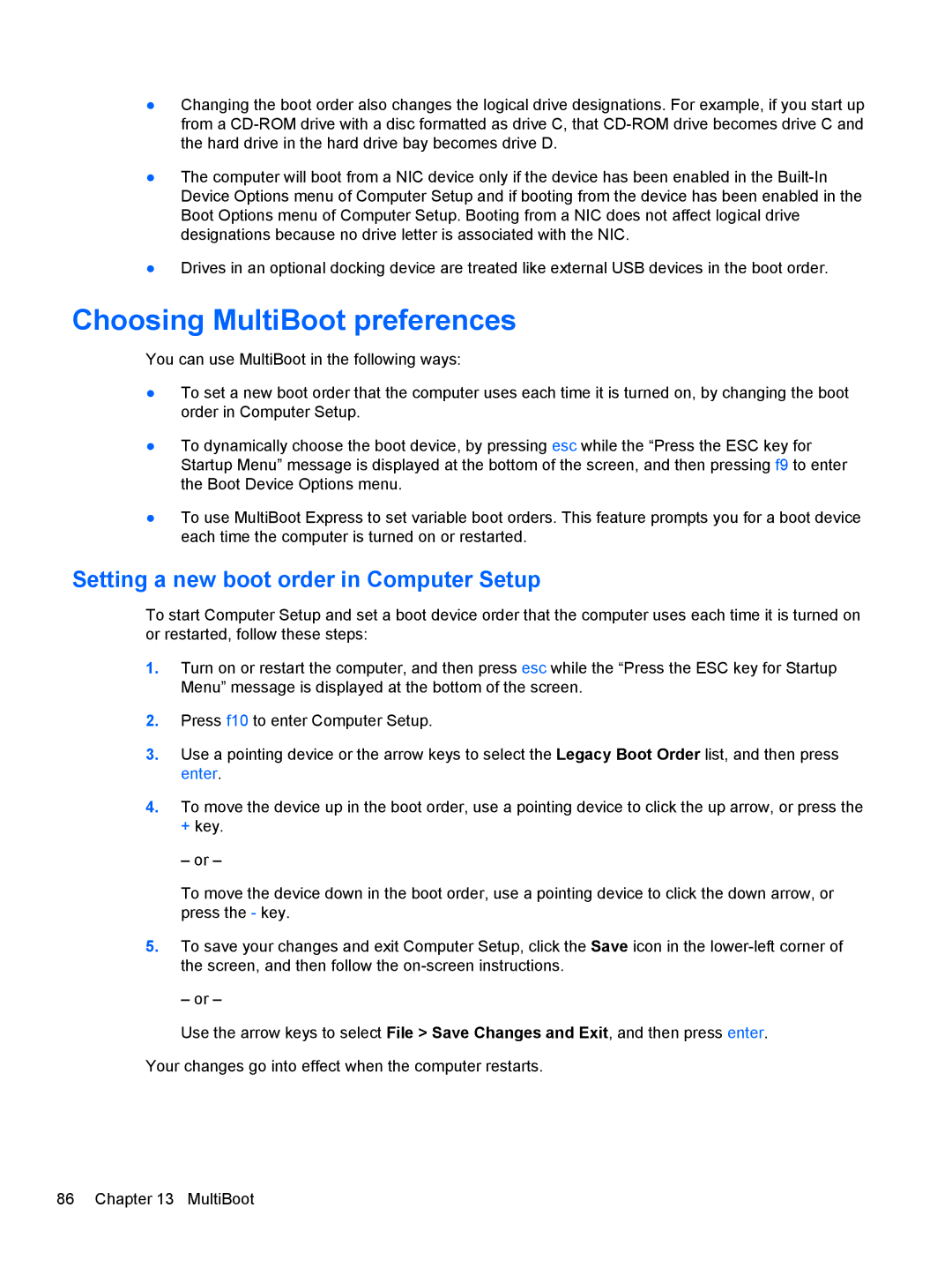 HP C1E67UT manual Choosing MultiBoot preferences, Setting a new boot order in Computer Setup 