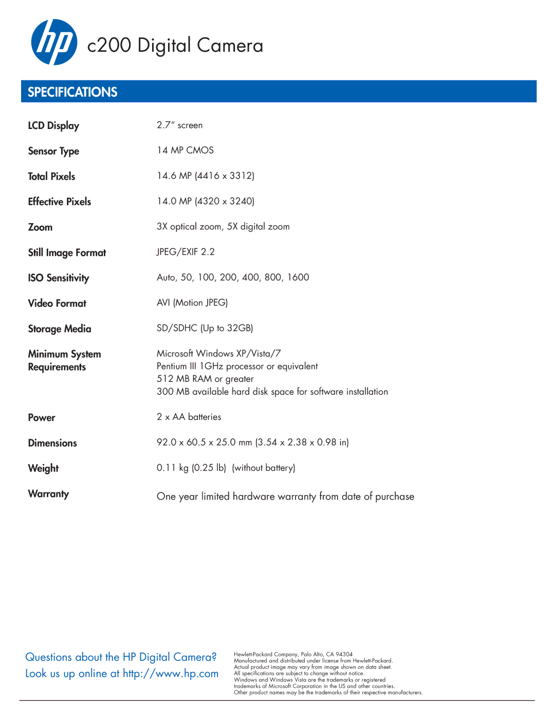 HP manual C200 Digital Camera, Specifications, One year limited hardware warranty from date of purchase, MP Cmos 