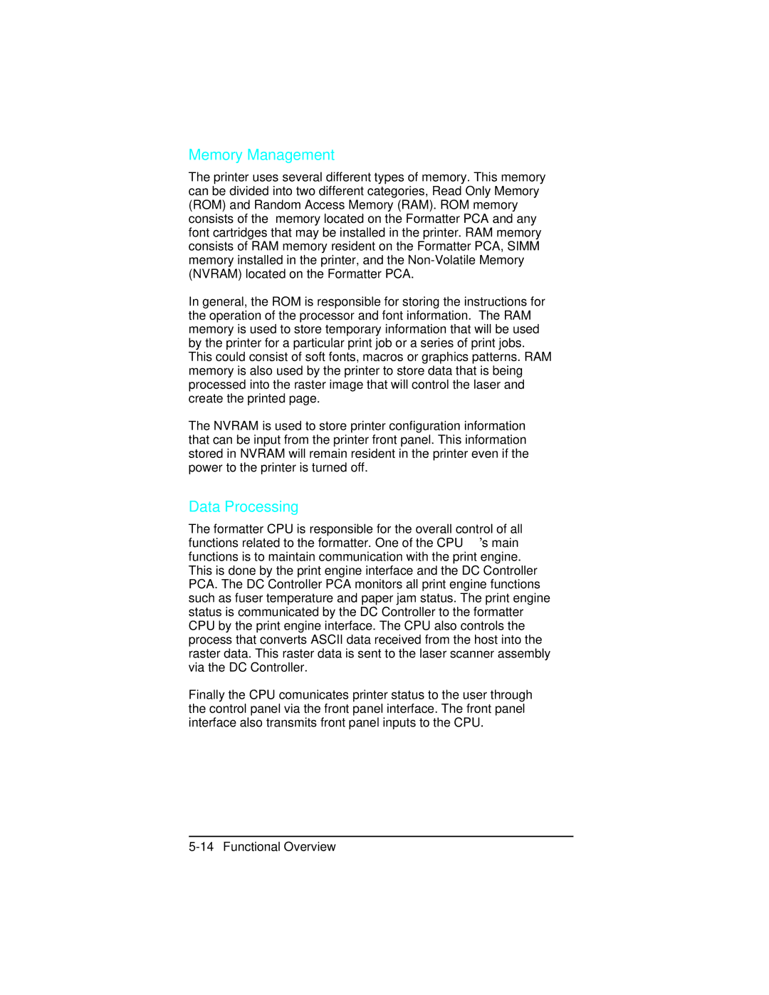 HP C2021A, 5n C3952A, 5 C3916A, 5m C3917A, 4 plus C2037A, 4 C2001A manual Memory Management, Data Processing 