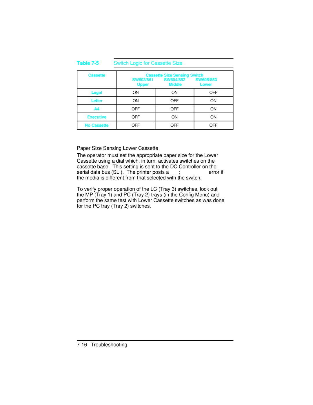 HP C2021A, 5n C3952A, 5 C3916A, 5m C3917A, 4 plus C2037A Switch Logic for Cassette Size, Paper Size Sensing Lower Cassette 