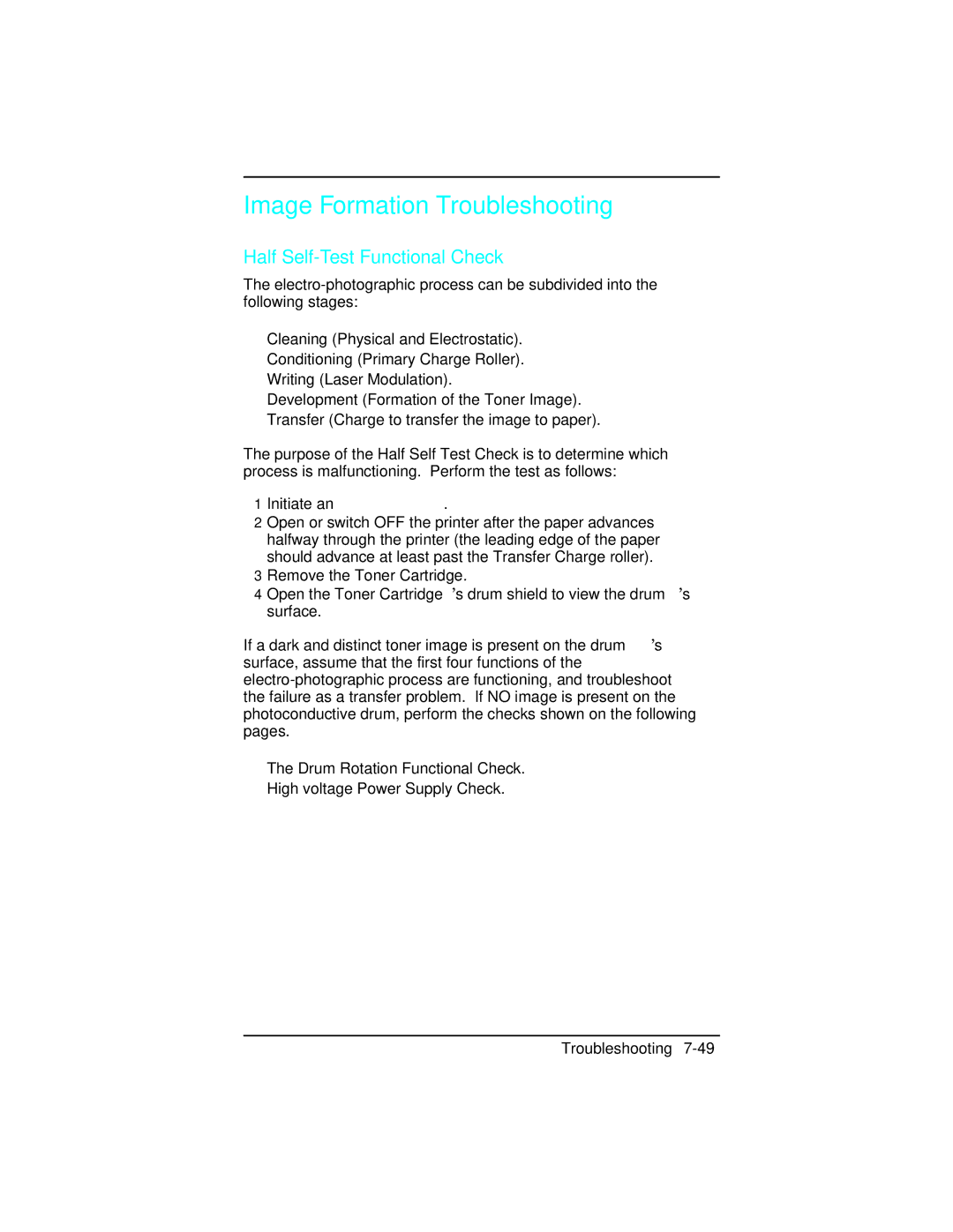 HP 5m C3917A, C2021A, 5n C3952A, 5 C3916A, 4 plus C2037A Image Formation Troubleshooting, Half Self-Test Functional Check 