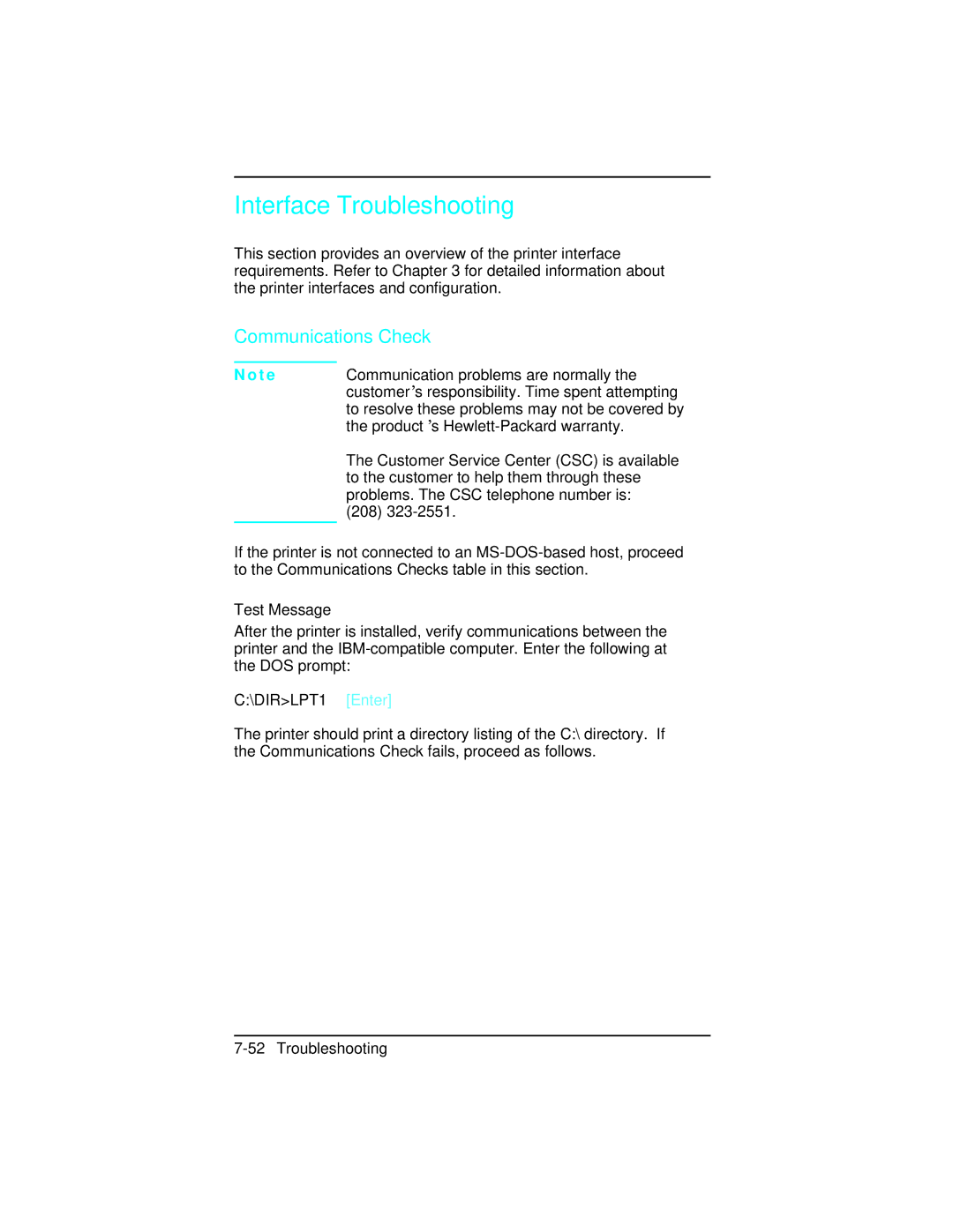 HP C2021A, 5n C3952A, 5 C3916A, 5m C3917A, 4 plus C2037A manual Interface Troubleshooting, Communications Check, Test Message 