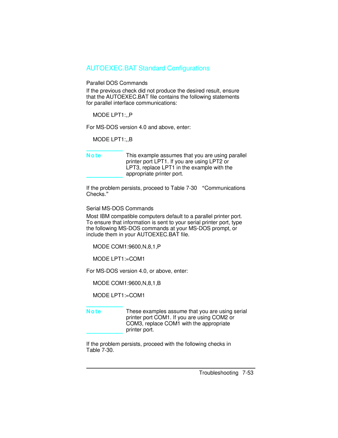 HP 5n C3952A, C2021A, 5 C3916A, 4 C2001A AUTOEXEC.BAT Standard Configurations, Parallel DOS Commands, Serial MS-DOS Commands 