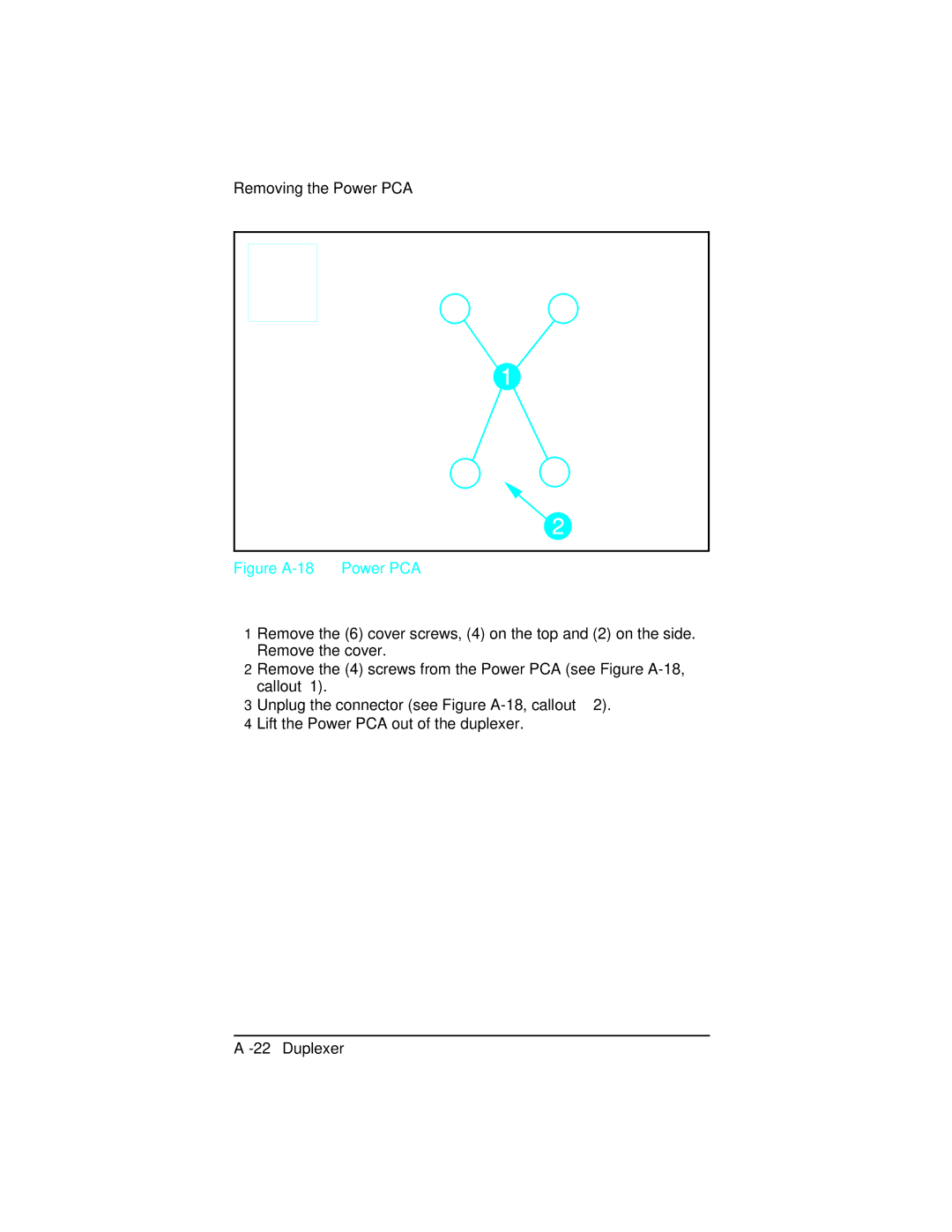 HP C2021A, 5n C3952A, 5 C3916A, 5m C3917A, 4 plus C2037A, 4 C2001A manual Removing the Power PCA, Figure A-18 Power PCA 