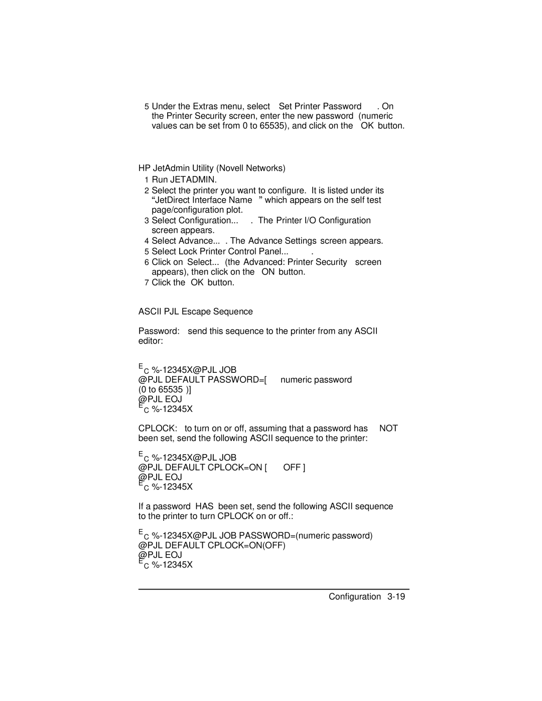 HP 5n C3952A, C2021A HP JetAdmin Utility Novell Networks, Select Lock Printer Control Panel, Ascii PJL Escape Sequence 