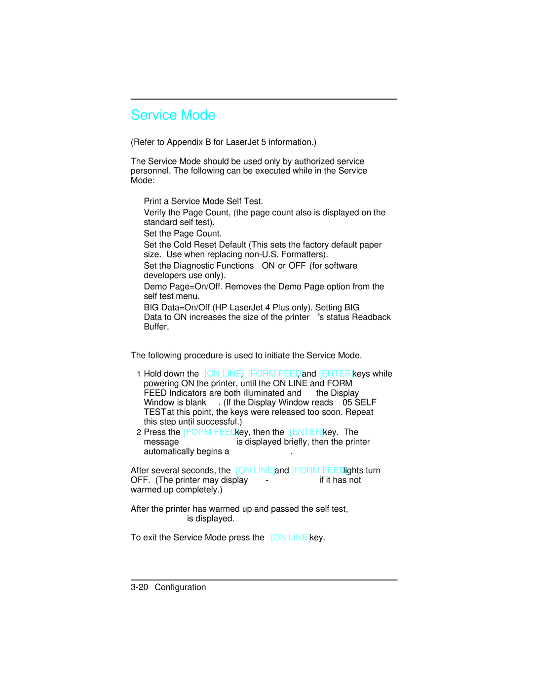 HP 5 C3916A, C2021A, 5n C3952A, 5m C3917A, 4 plus C2037A manual Service Mode, Refer to Appendix B for LaserJet 5 information 