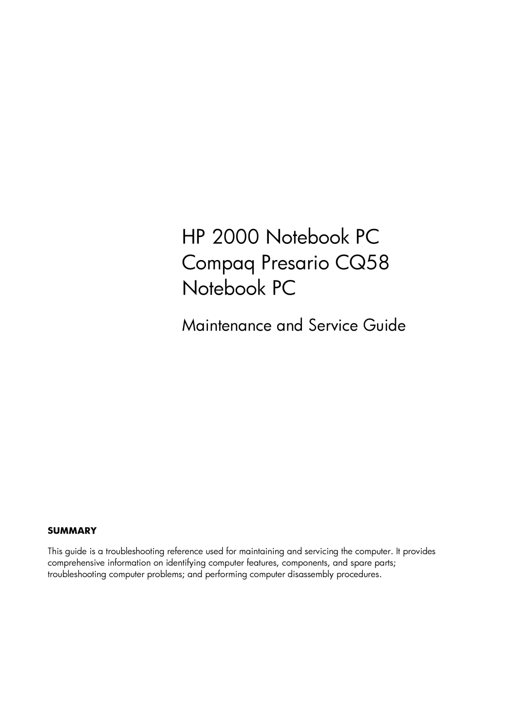 HP C2M21UA, C2M29UA manual HP 2000 Notebook PC Compaq Presario CQ58 