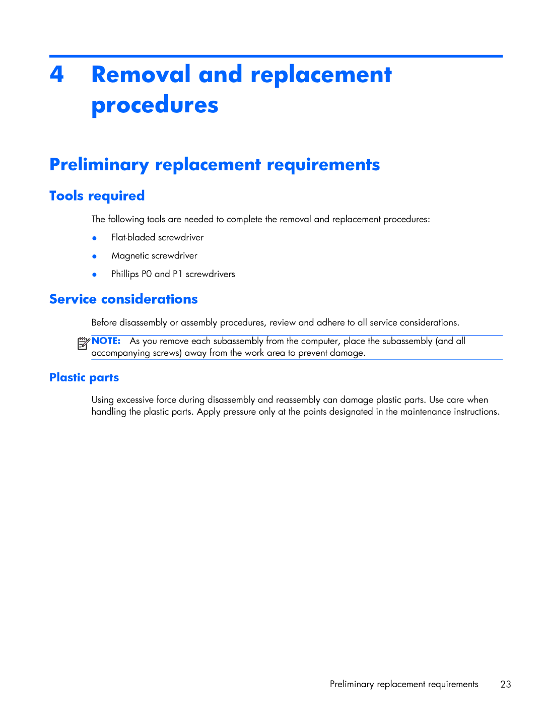 HP C2M21UA, C2M29UA manual Removal and replacement procedures, Preliminary replacement requirements, Tools required 