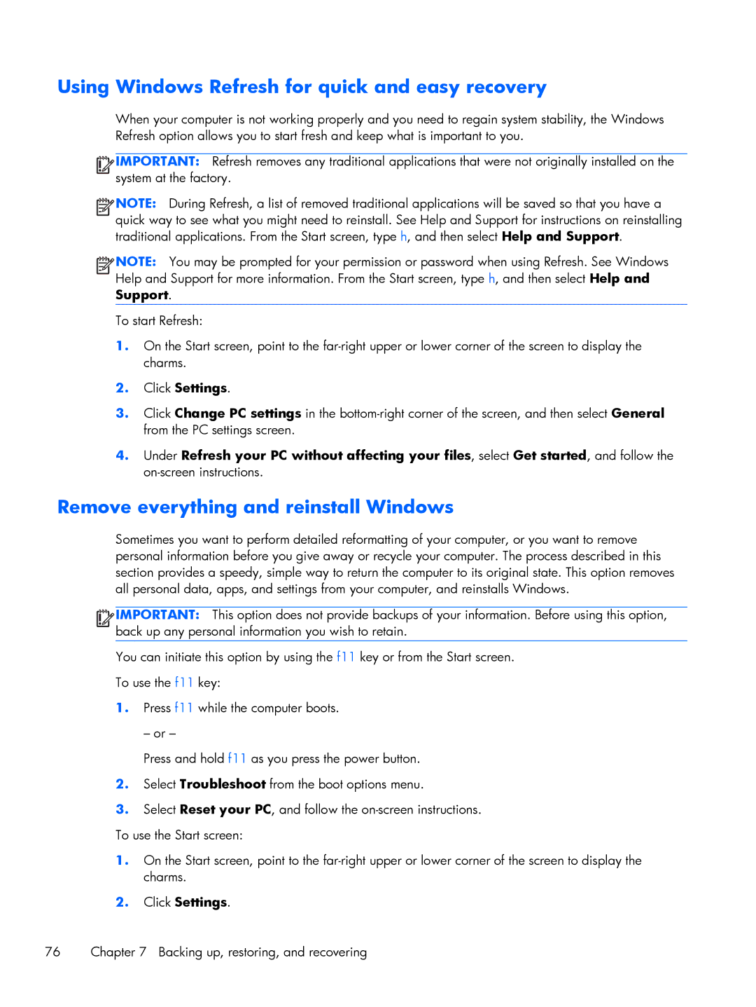 HP C2M29UA, C2M21UA manual Using Windows Refresh for quick and easy recovery, Remove everything and reinstall Windows 