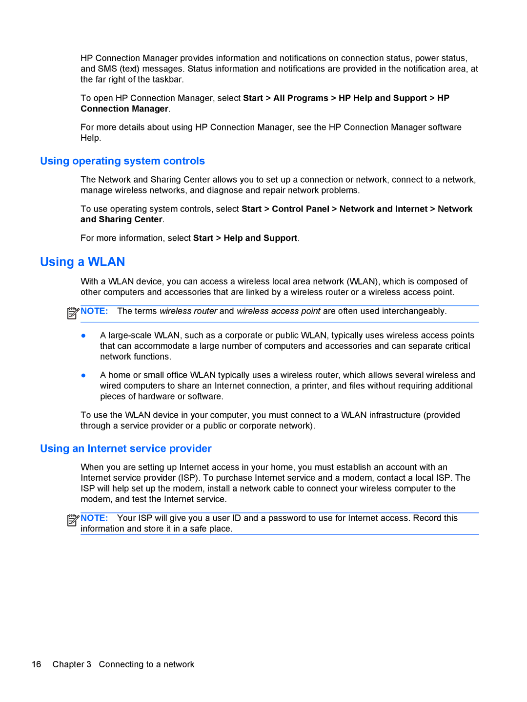 HP 41030us, C2M81UARABA, 683020001 manual Using a Wlan, Using operating system controls, Using an Internet service provider 