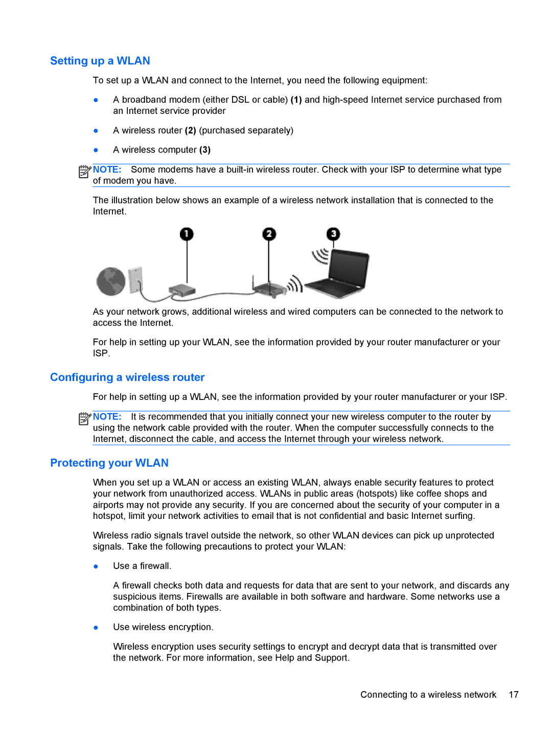 HP 41010us, C2M81UARABA, 683020001, 41030us, 6-1010us Setting up a Wlan, Configuring a wireless router, Protecting your Wlan 