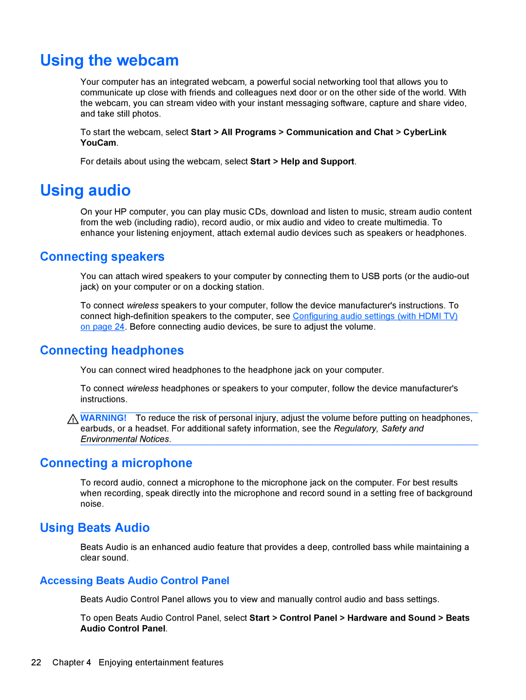 HP 41030us, C2M81UARABA, 683020001, 41010us, B5Q41UA#ABA, 6-1010us manual Using the webcam, Using audio 