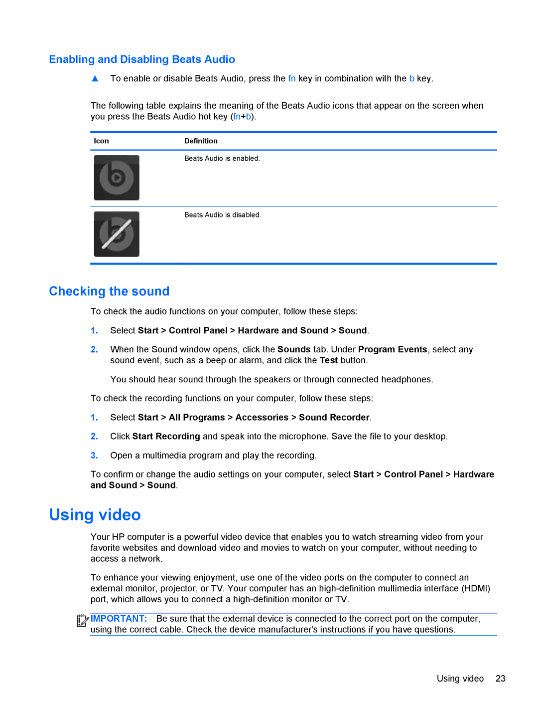 HP 41010us, C2M81UARABA, 683020001 manual Using video, Checking the sound, Enabling and Disabling Beats Audio, IconDefinition 