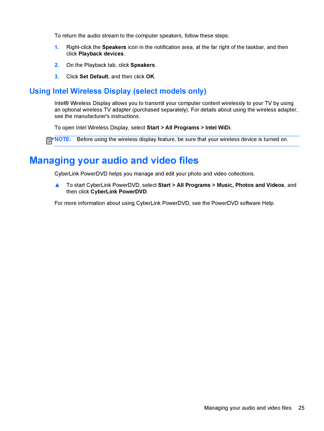 HP 6-1010us, C2M81UARABA, 683020001 Managing your audio and video files, Using Intel Wireless Display select models only 