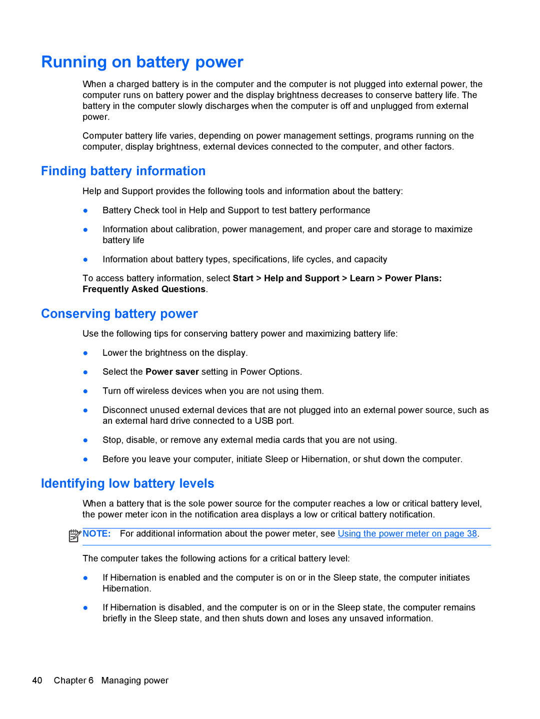 HP 41030us Running on battery power, Finding battery information, Conserving battery power, Identifying low battery levels 