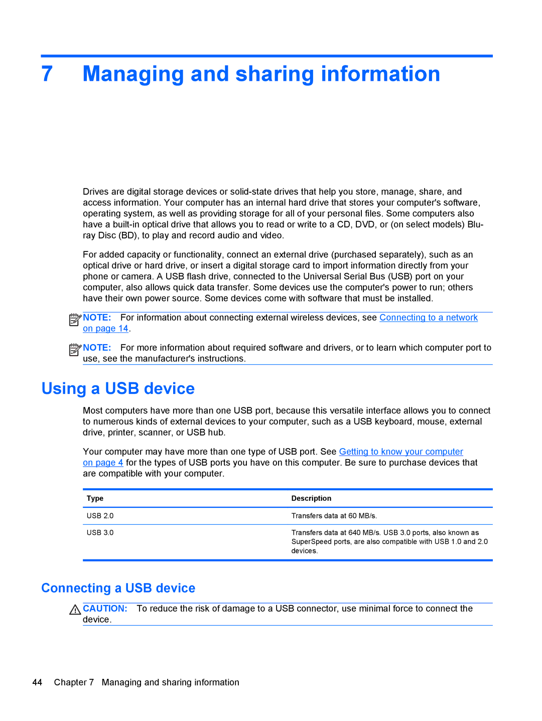 HP C2M81UARABA, 683020001 Managing and sharing information, Using a USB device, Connecting a USB device, Type Description 