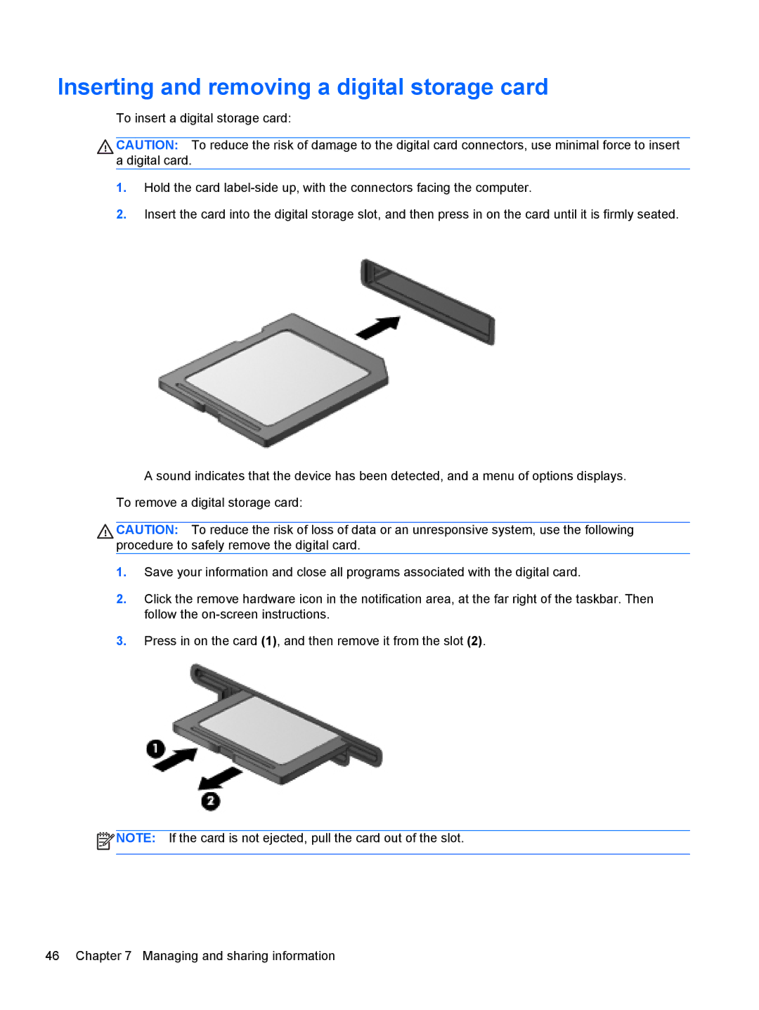 HP 41030us, C2M81UARABA, 683020001, 41010us, B5Q41UA#ABA, 6-1010us manual Inserting and removing a digital storage card 