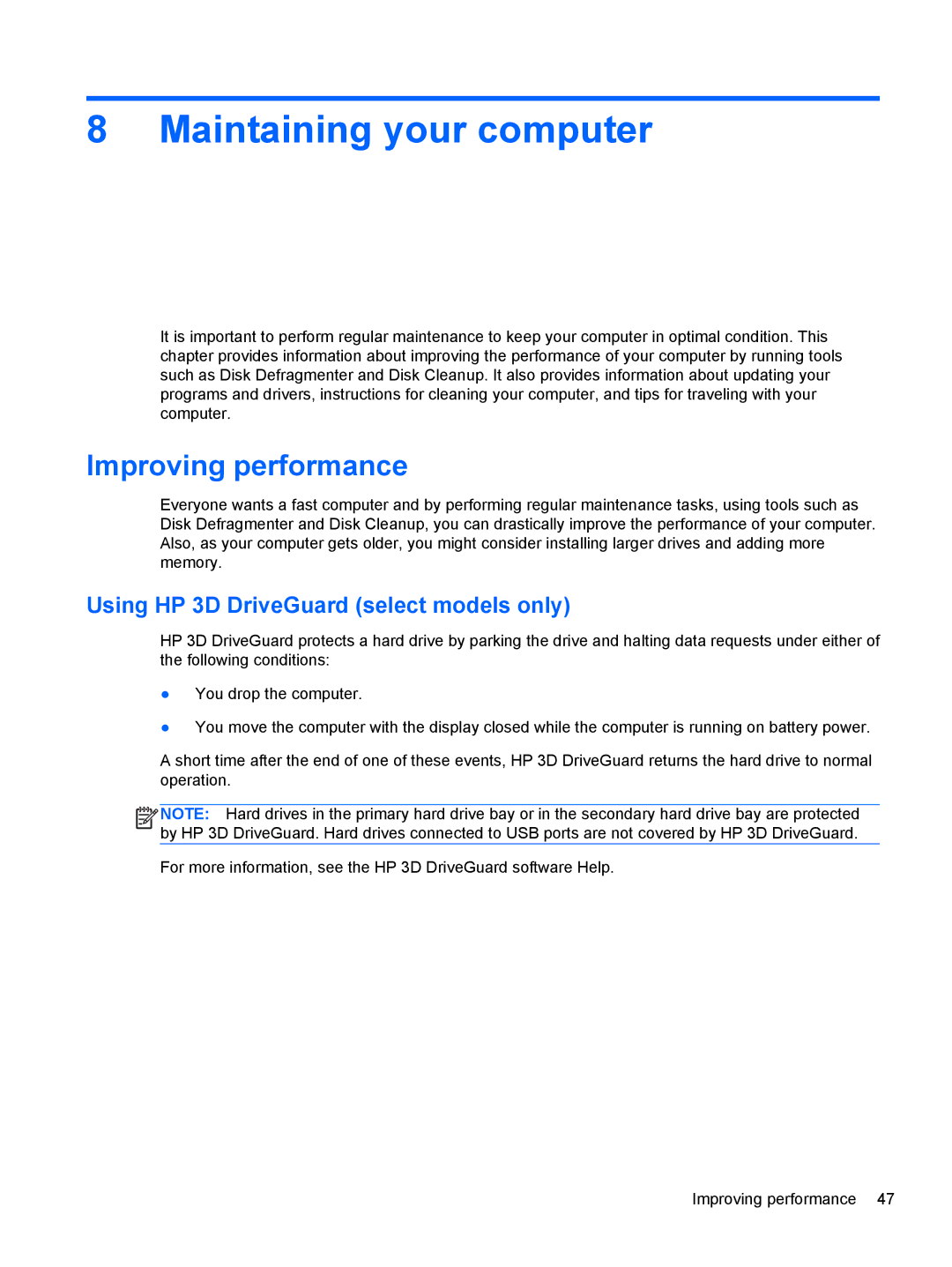 HP 41010us, C2M81UARABA manual Maintaining your computer, Improving performance, Using HP 3D DriveGuard select models only 