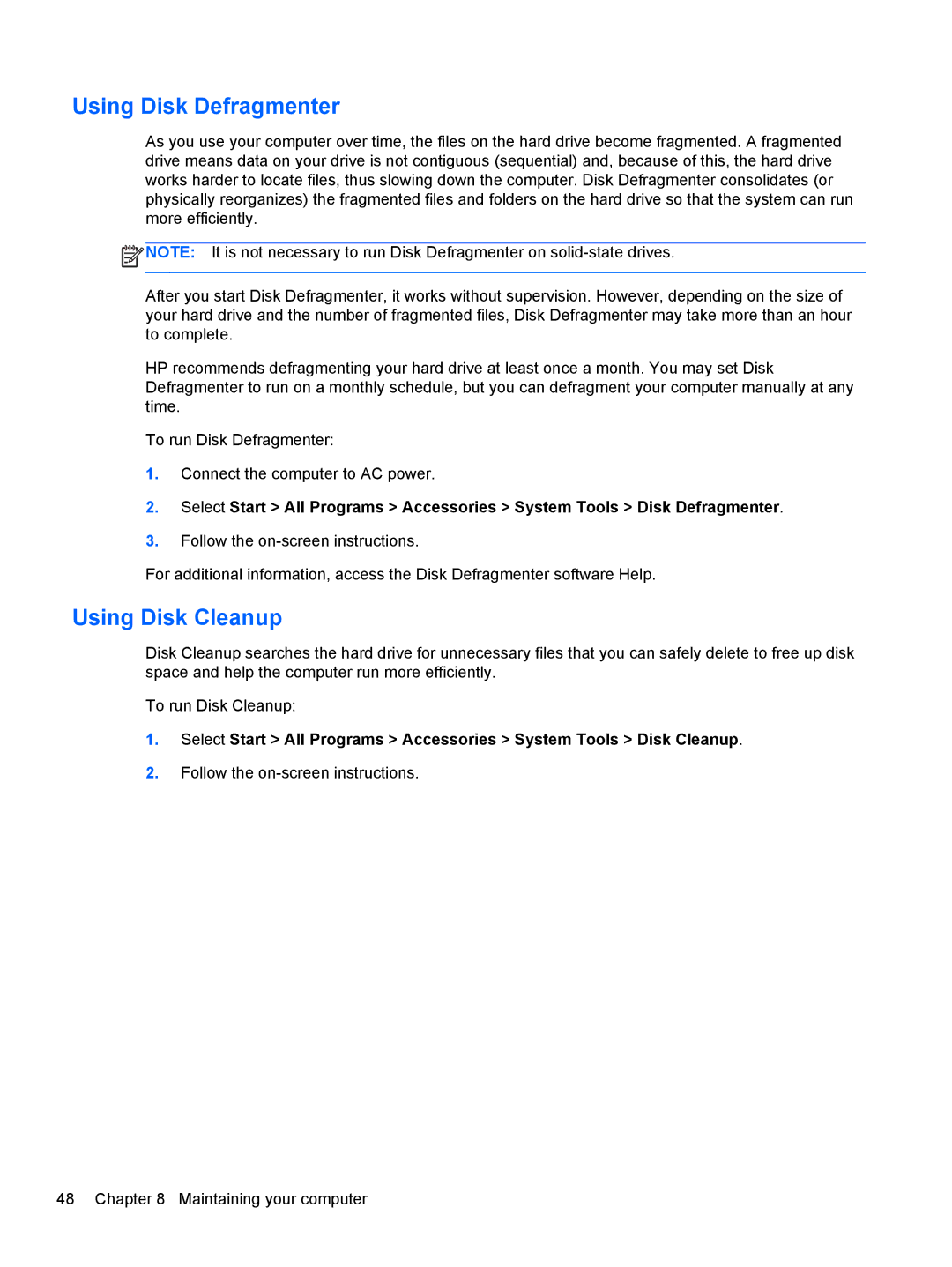 HP B5Q41UA#ABA, C2M81UARABA, 683020001, 41030us, 41010us, 6-1010us manual Using Disk Defragmenter, Using Disk Cleanup 