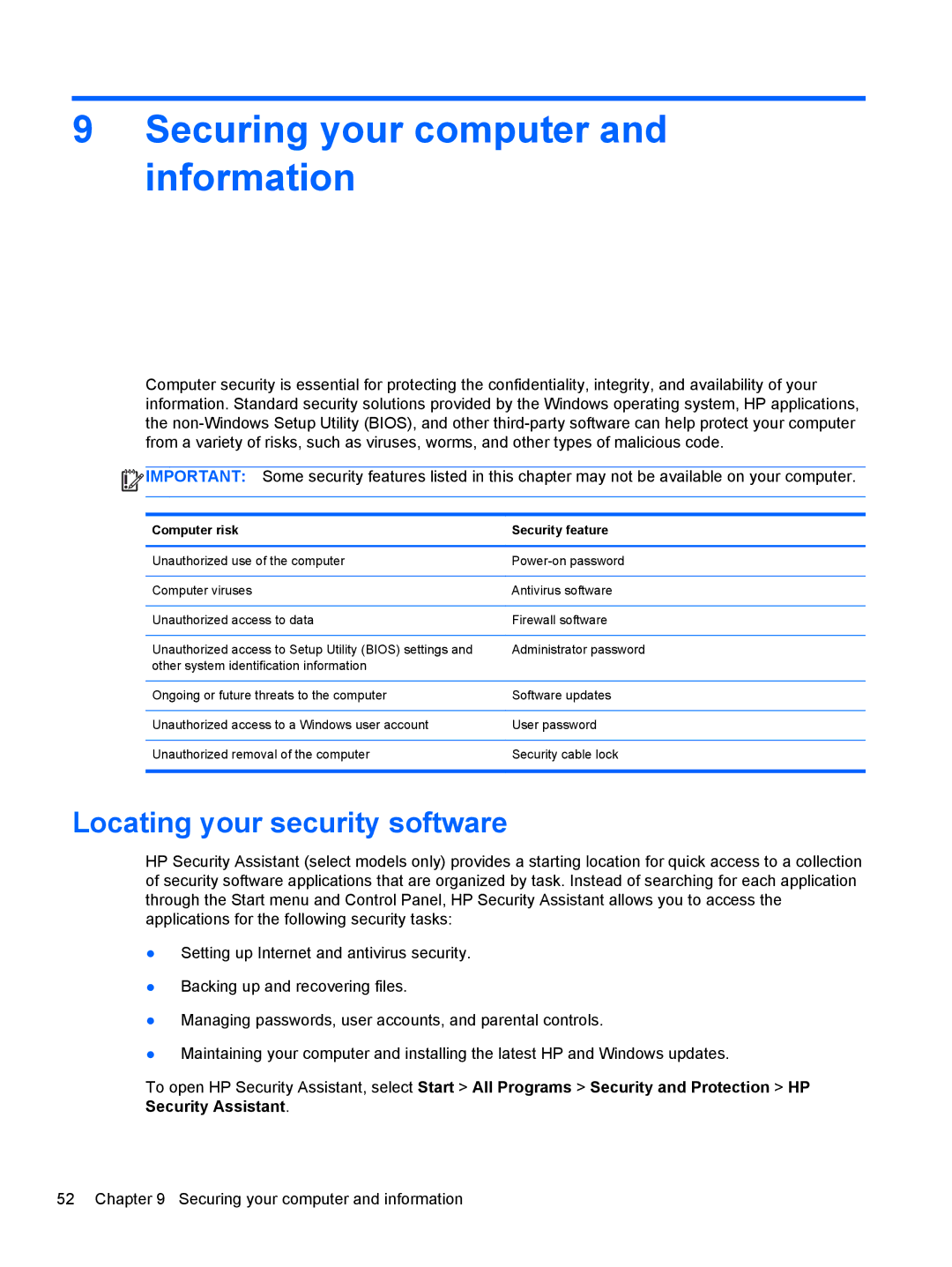 HP 41030us manual Securing your computer and information, Locating your security software, Computer risk Security feature 