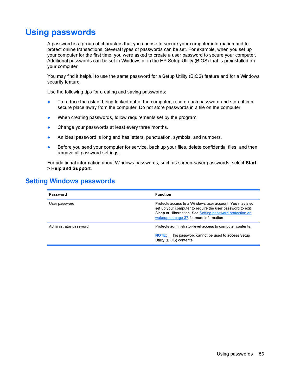 HP 41010us, C2M81UARABA, 683020001, 41030us, B5Q41UA#ABA manual Using passwords, Setting Windows passwords, Password Function 