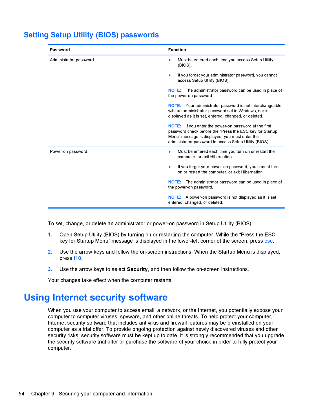 HP B5Q41UA#ABA, C2M81UARABA, 683020001, 41030us manual Using Internet security software, Setting Setup Utility Bios passwords 