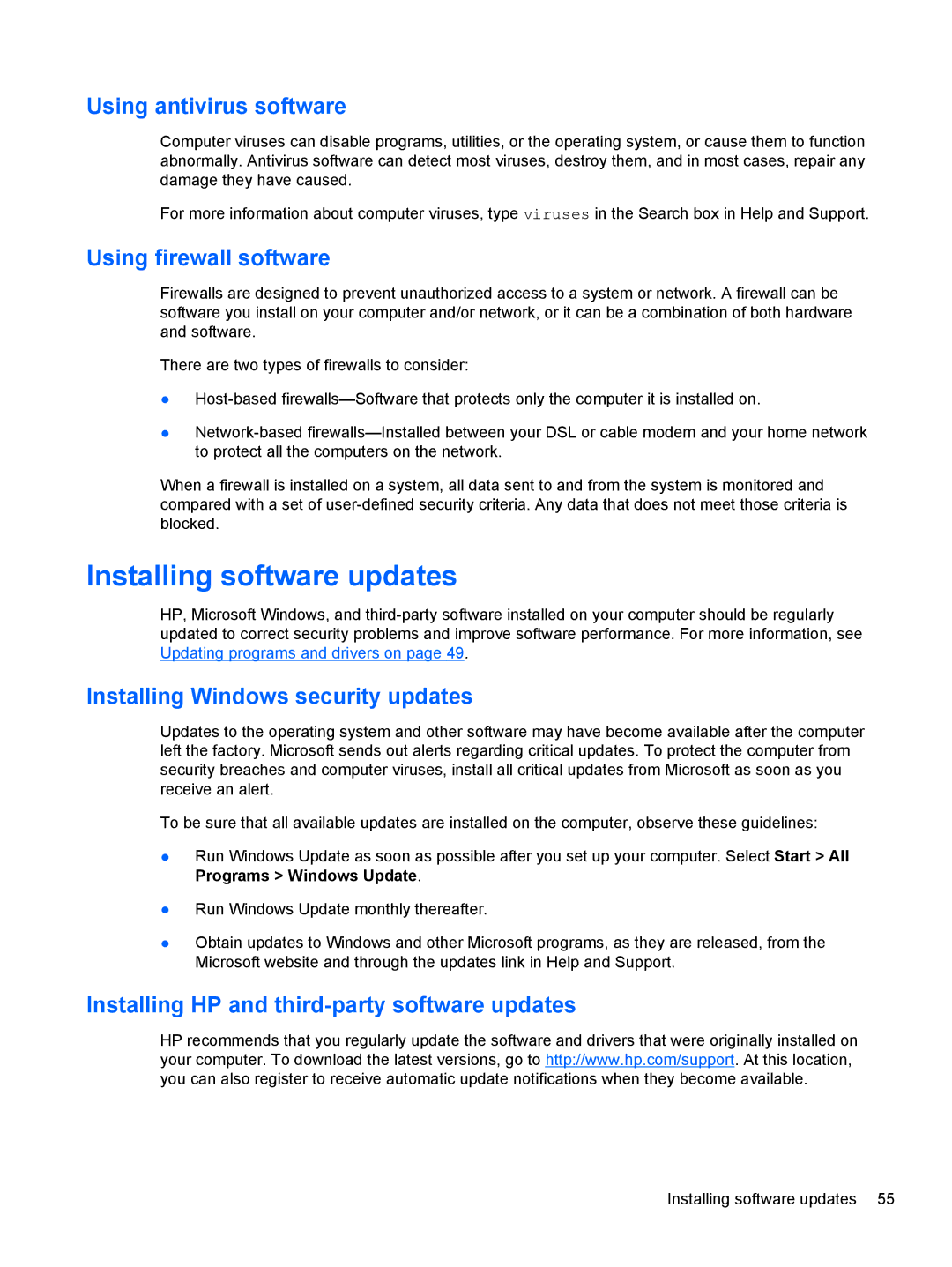 HP 6-1010us, C2M81UARABA, 683020001, 41030us Installing software updates, Using antivirus software, Using firewall software 