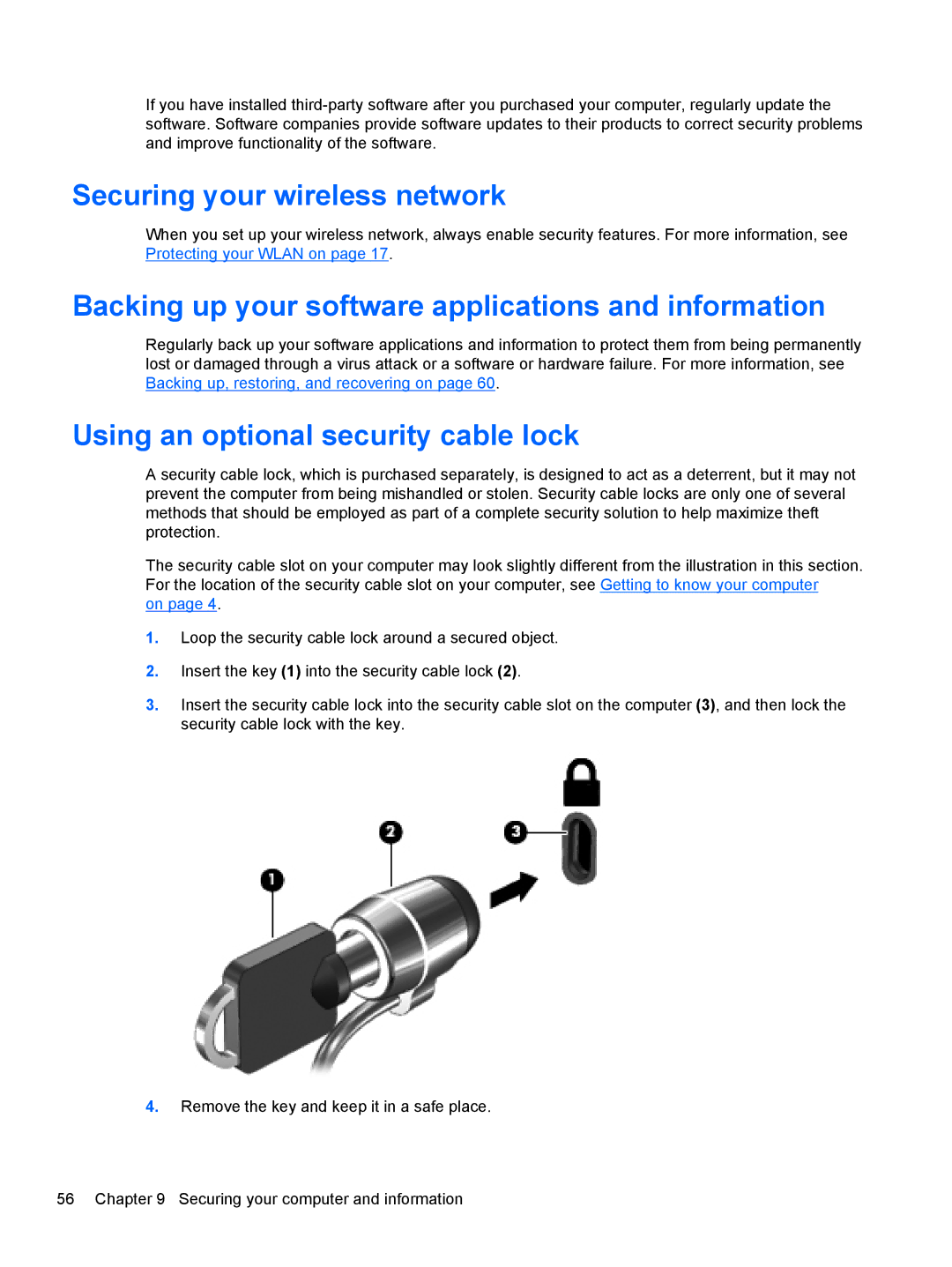 HP C2M81UARABA, 683020001, 41030us Securing your wireless network, Backing up your software applications and information 