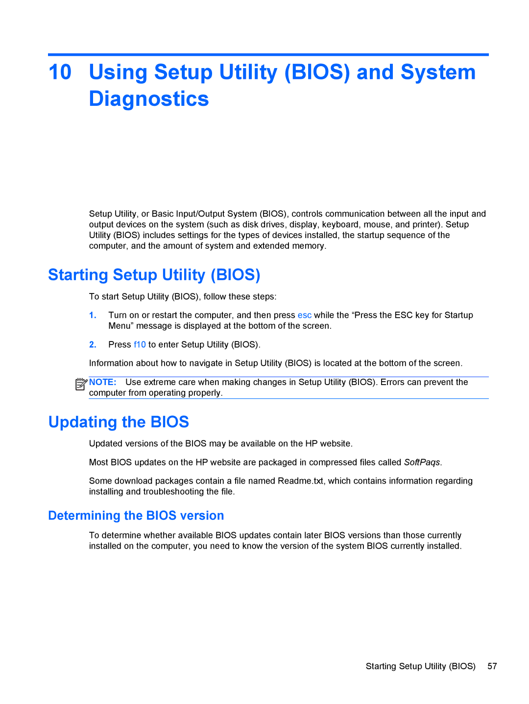 HP 683020001, C2M81UARABA Using Setup Utility Bios and System Diagnostics, Starting Setup Utility Bios, Updating the Bios 