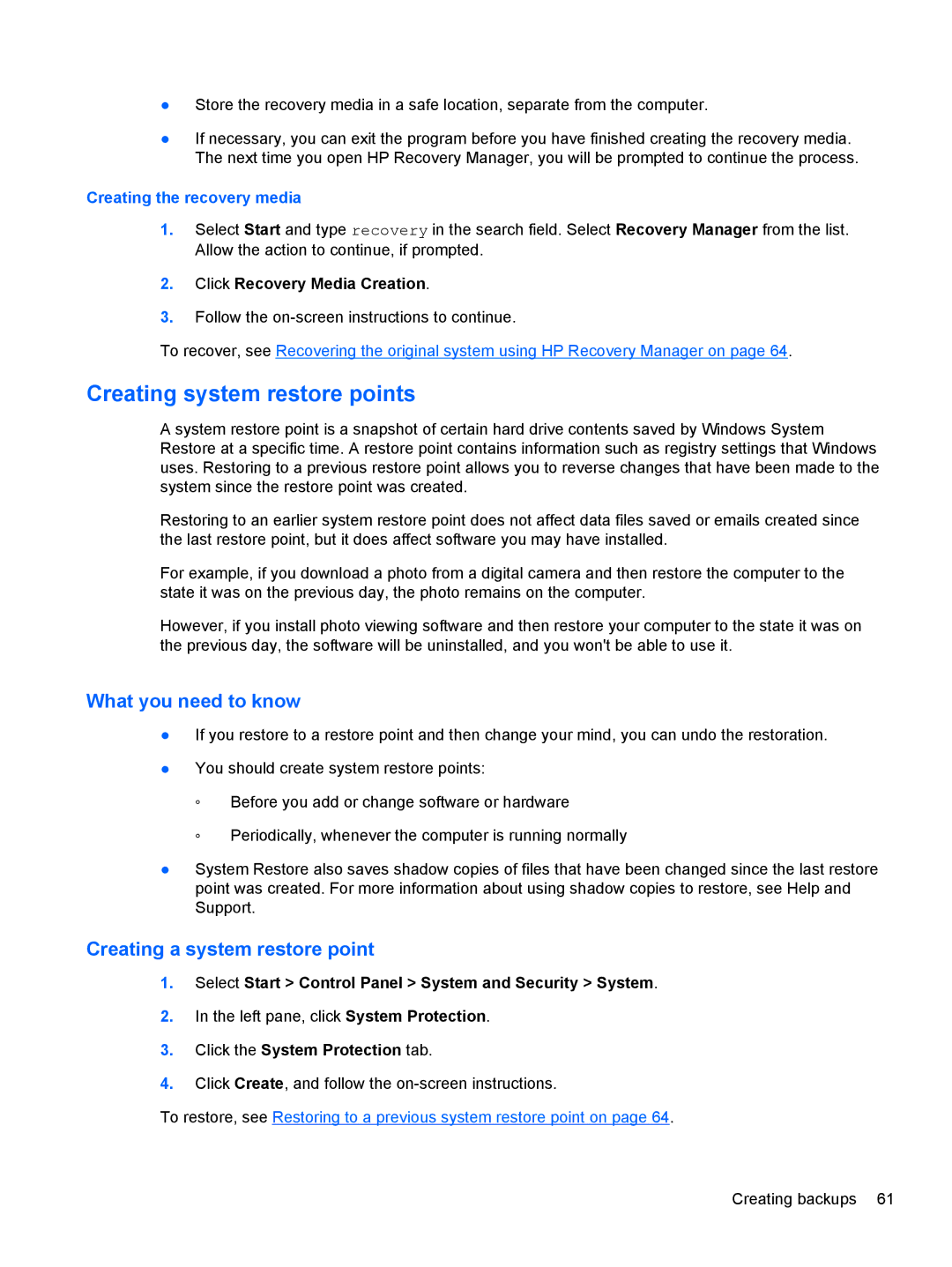 HP 6-1010us, C2M81UARABA, 683020001, 41030us, 41010us manual Creating system restore points, Creating a system restore point 