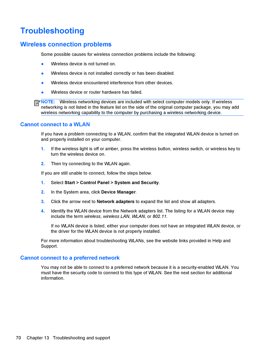 HP 41030us Troubleshooting, Wireless connection problems, Cannot connect to a Wlan, Cannot connect to a preferred network 