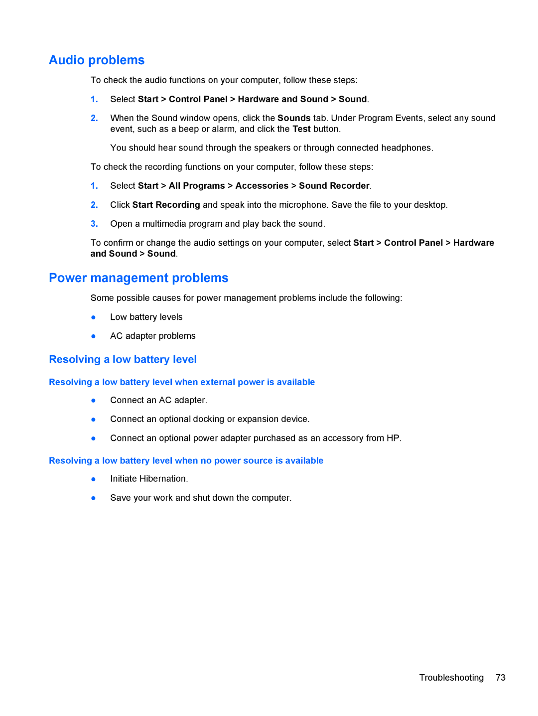 HP 6-1010us, C2M81UARABA, 683020001, 41030us manual Audio problems, Power management problems, Resolving a low battery level 