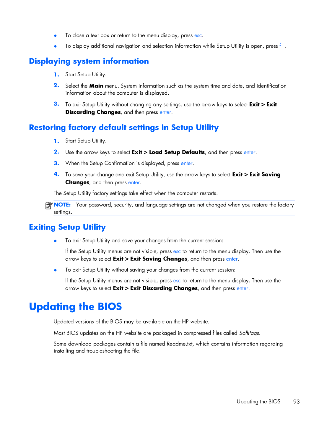 HP C2M97UA C2M97UA manual Displaying system information, Restoring factory default settings in Setup Utility 