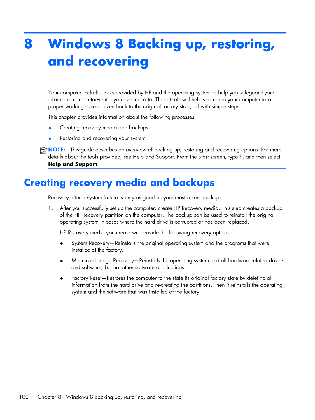 HP C2M97UA C2M97UA manual Windows 8 Backing up, restoring, and recovering, Creating recovery media and backups 