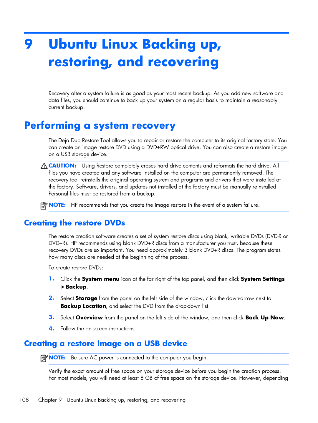 HP C2M97UA C2M97UA manual Ubuntu Linux Backing up, restoring, and recovering, Performing a system recovery 