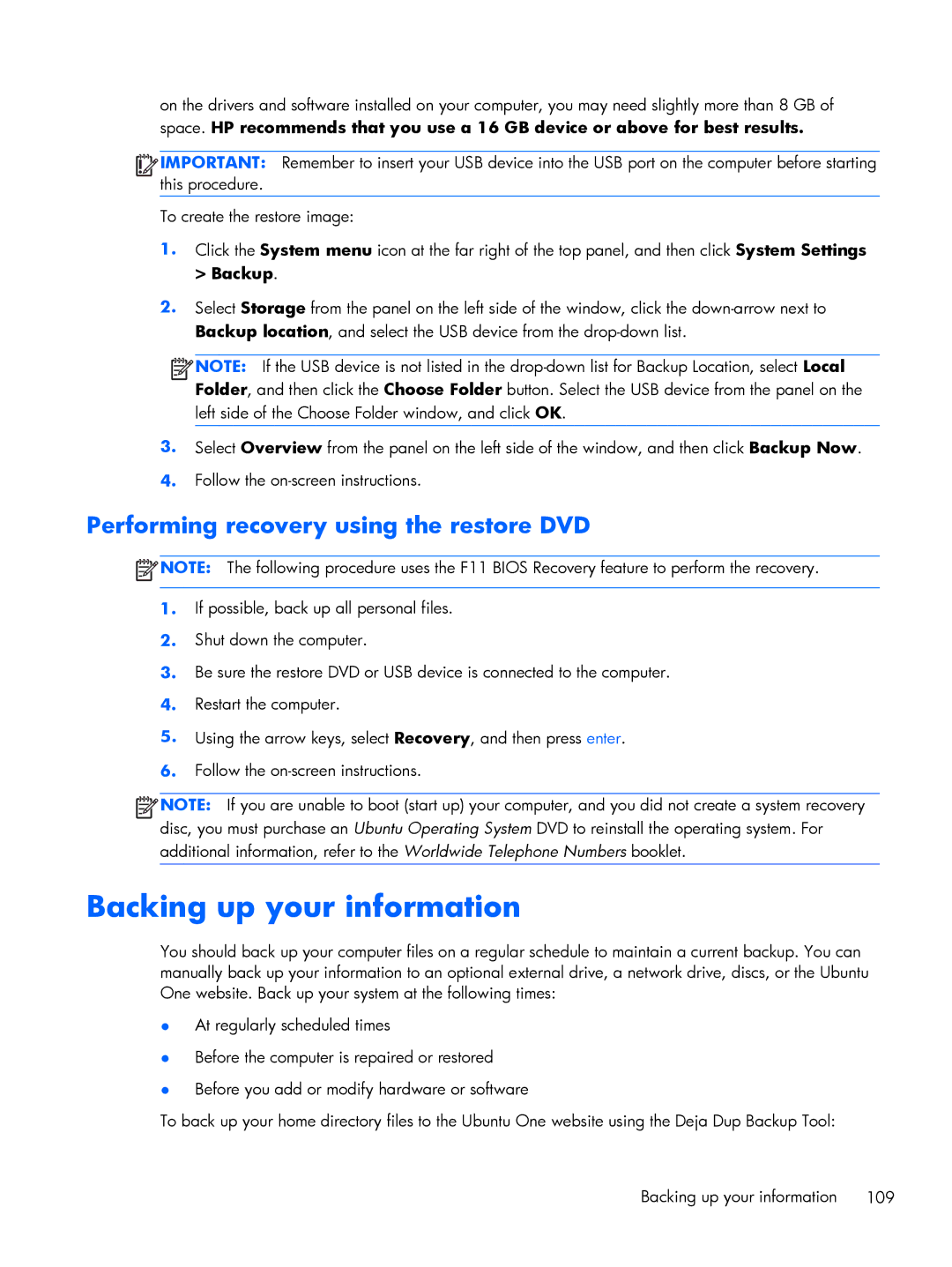 HP C2M97UA C2M97UA manual Backing up your information, Performing recovery using the restore DVD 