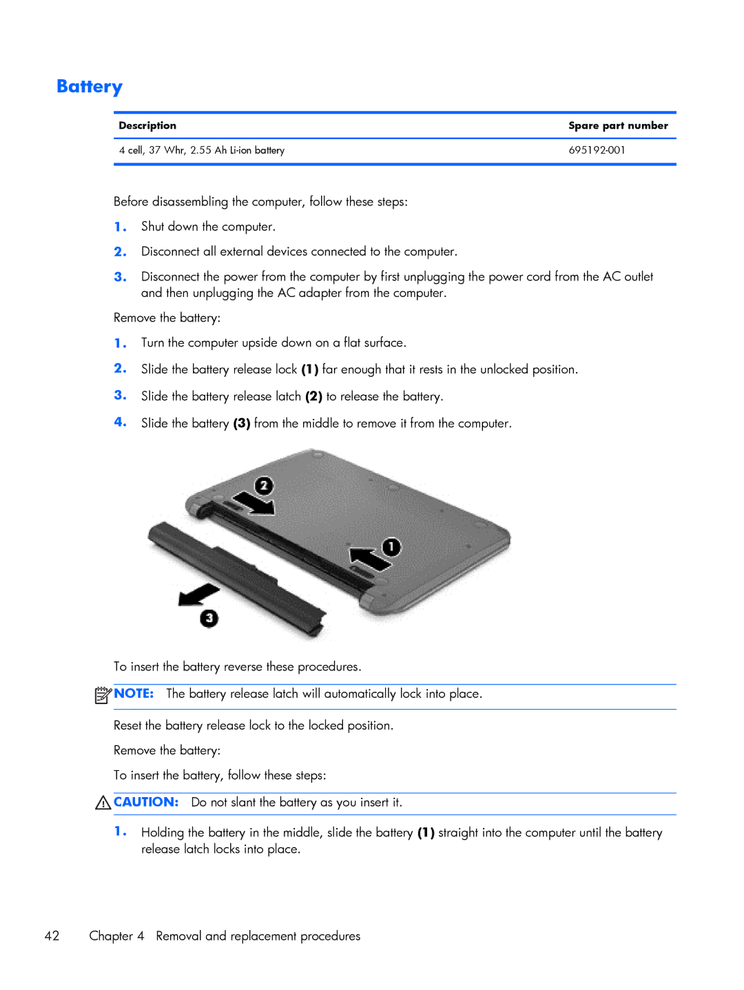 HP C2M97UA C2M97UA manual Battery, Description Spare part number 