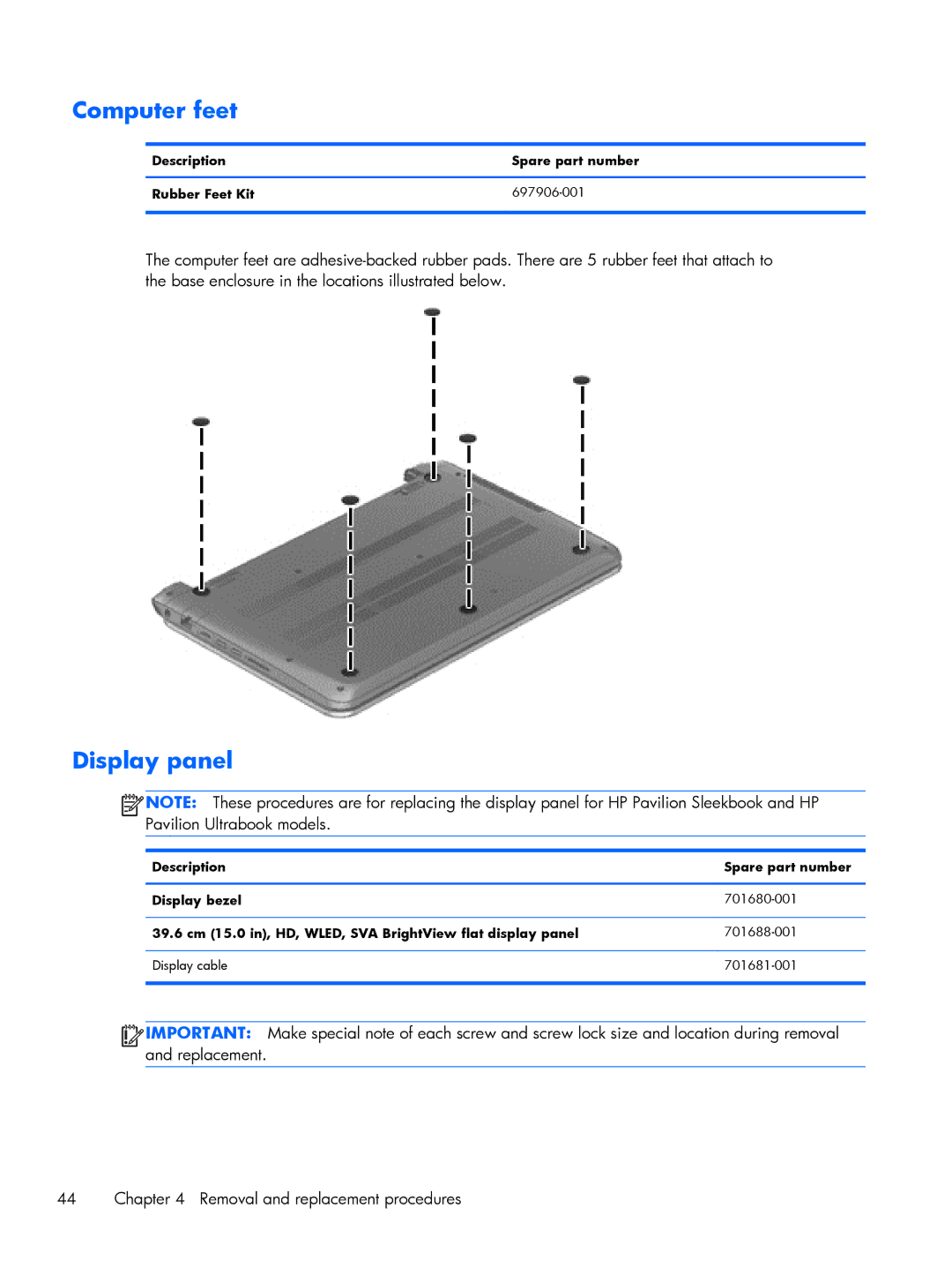 HP C2M97UA C2M97UA manual Computer feet, Display panel, Description Spare part number Rubber Feet Kit 697906-001 