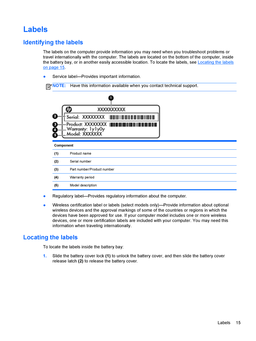 HP C2N11UA#ABA manual Labels, Identifying the labels, Locating the labels, Component 